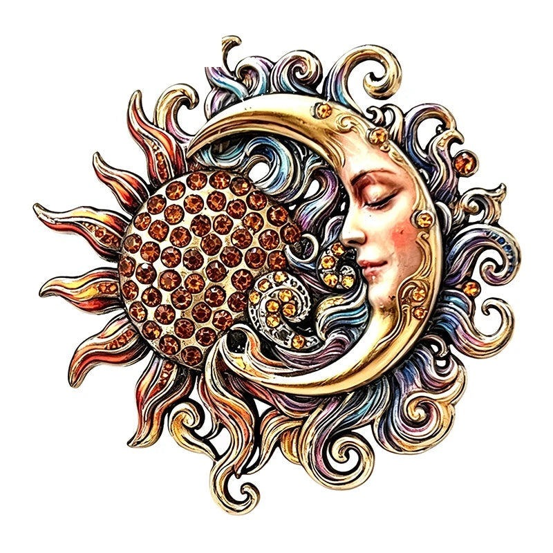 Ornate Sun and Moon Face Brooch — Orange