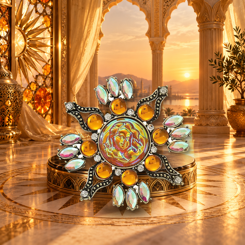 Ornate Sun Face with Radiating Accents Brooch styled in a thematic scene