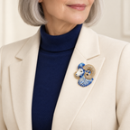Ornate Zodiac Symbol Brooch worn with a coordinated outfit