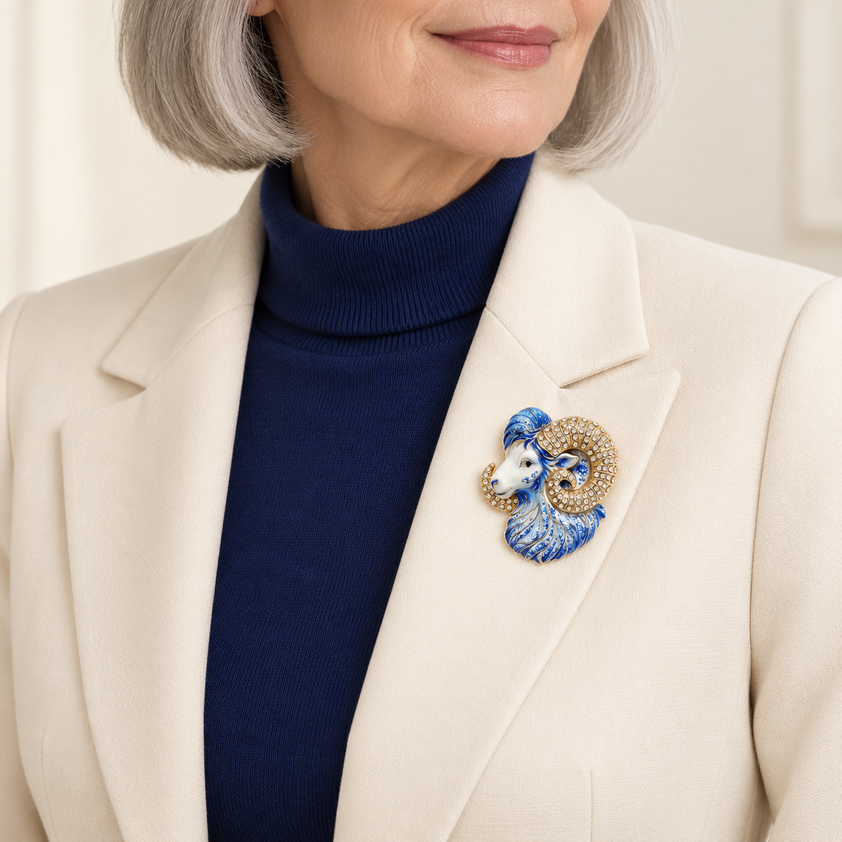 Ornate Zodiac Symbol Brooch worn with a coordinated outfit