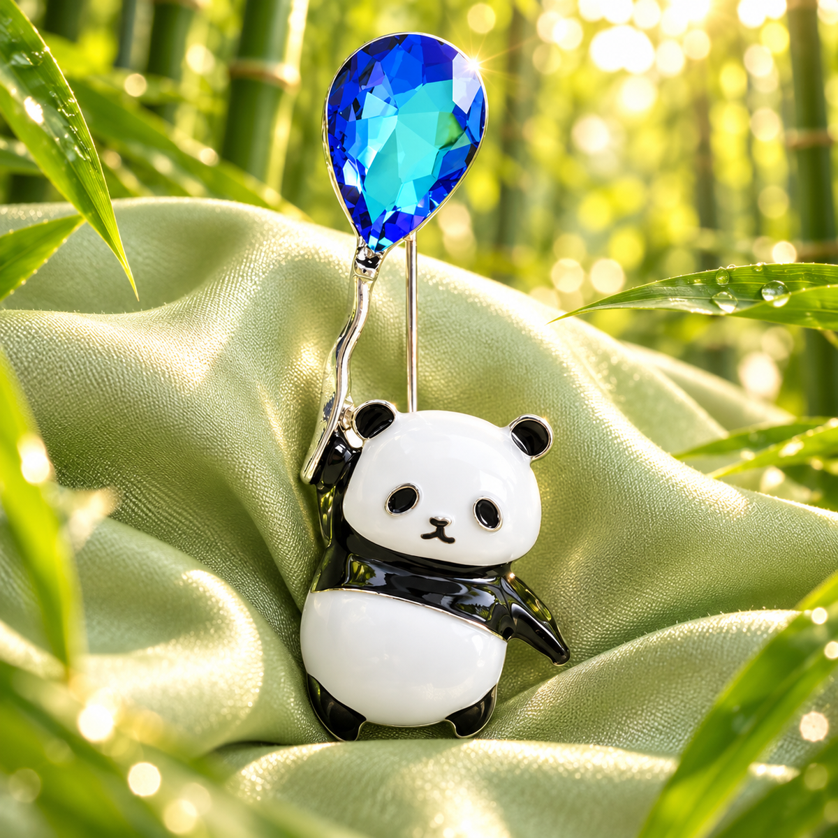 Enamel panda holding a jewel balloon brooch displayed on bamboo-green silk