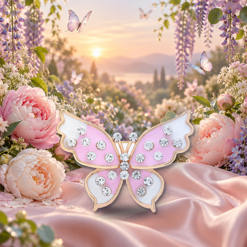 Pastel Enamel Jeweled Butterfly Brooch styled in a thematic scene