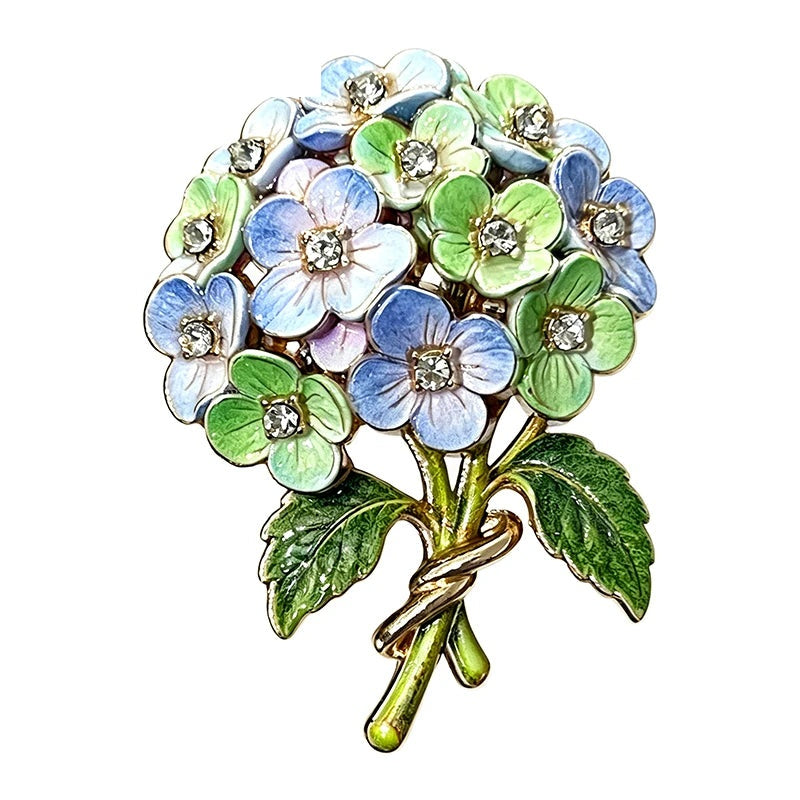 Pastel Rhinestone Hydrangea Bouquet Brooch — Blue & Green