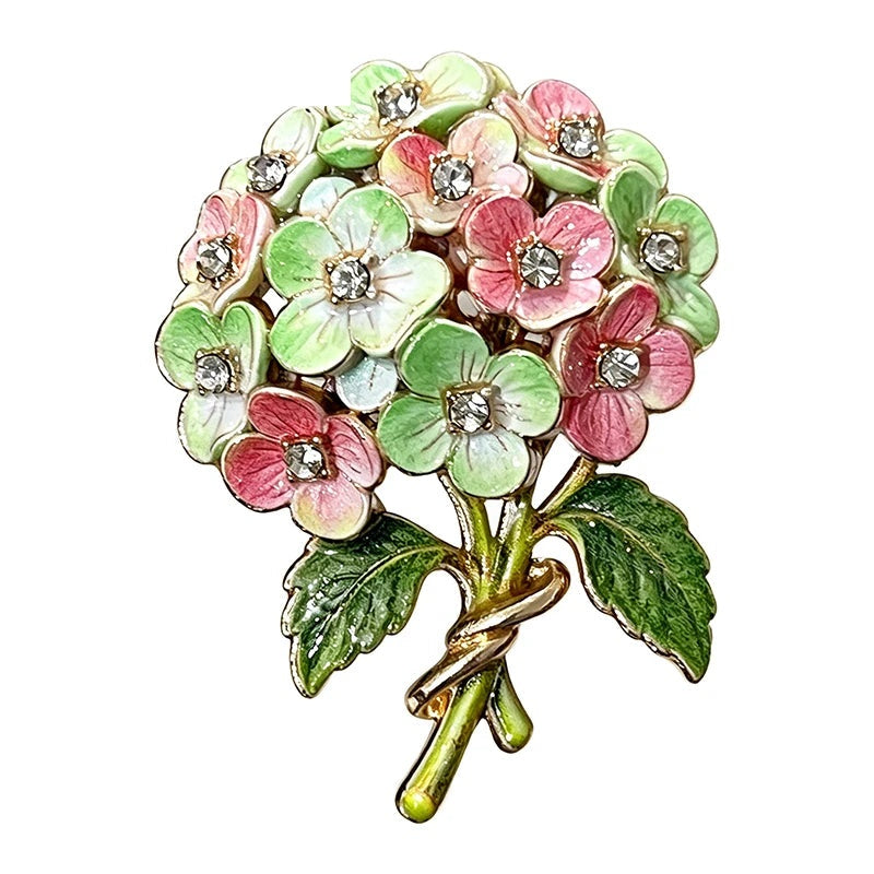 Pastel Rhinestone Hydrangea Bouquet Brooch — Green & Pink