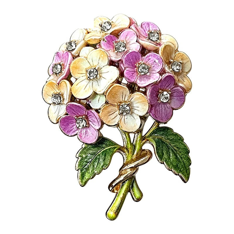 Pastel Rhinestone Hydrangea Bouquet Brooch — Yellow & Purple