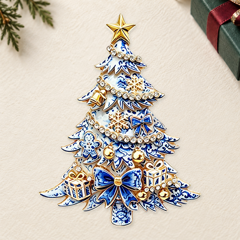 Patterned Christmas Tree with Bow Brooch on a complementary display background