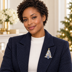 Patterned Christmas Tree with Bow Brooch worn at realistic scale on coordinated clothing