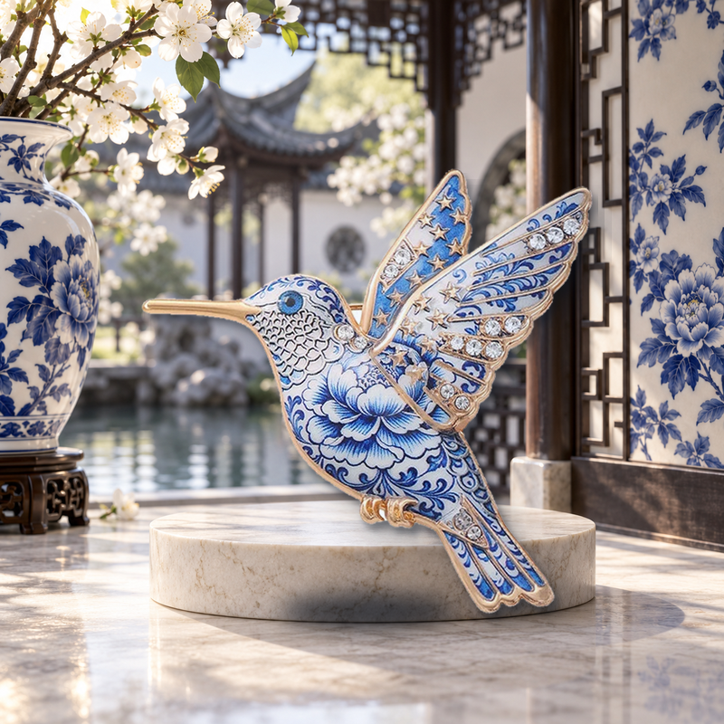 Patterned Hummingbird in Flight Brooch styled in a thematic scene