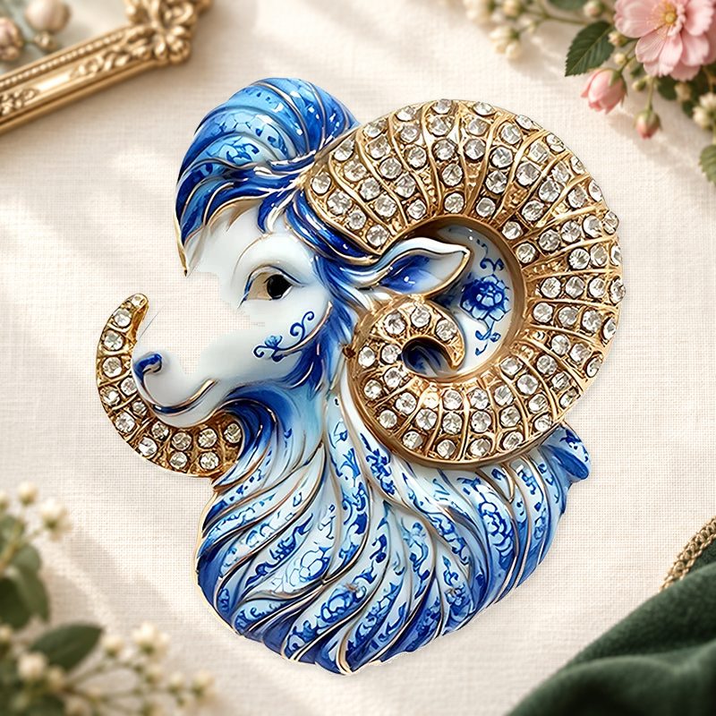 Patterned Ram Head Sparkle Brooch on a motif themed ivory backdrop