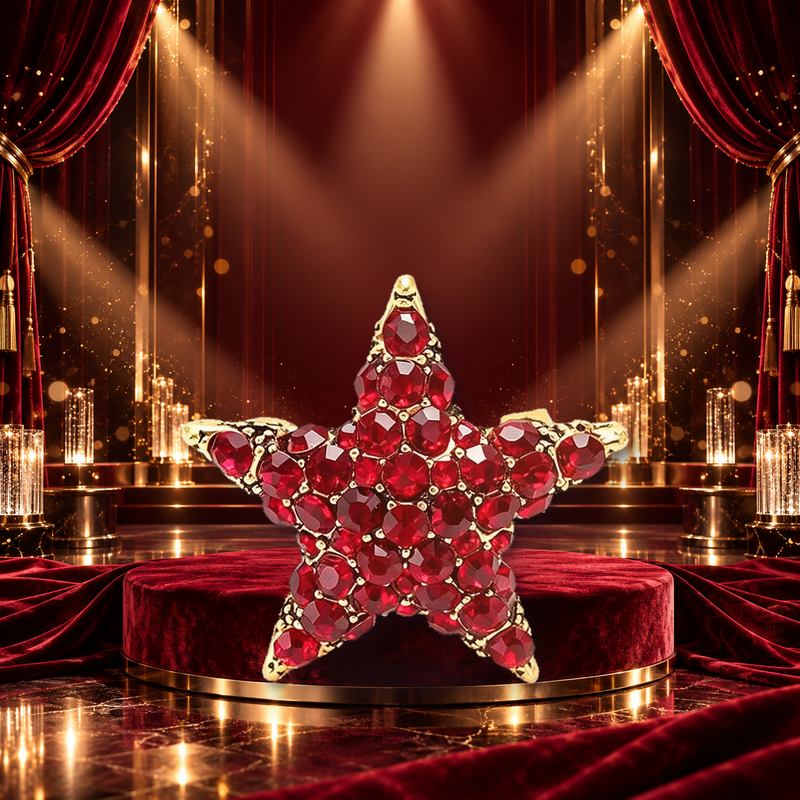 Pave Rhinestone Five Point Star Brooch styled in a thematic scene