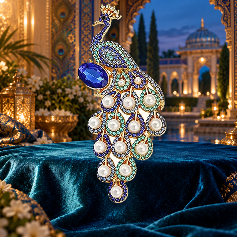 Peacock with Pearl-Look-Accent Tail Brooch in a themed styled scene