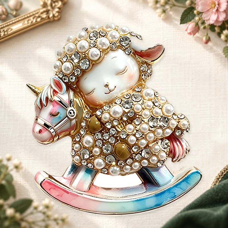 Pearl-Look-Accent Lamb on Rocking Horse Brooch on an ivory themed backdrop