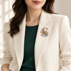 Pearl-Look-Accent Lamb on Rocking Horse Brooch worn on an ivory blazer