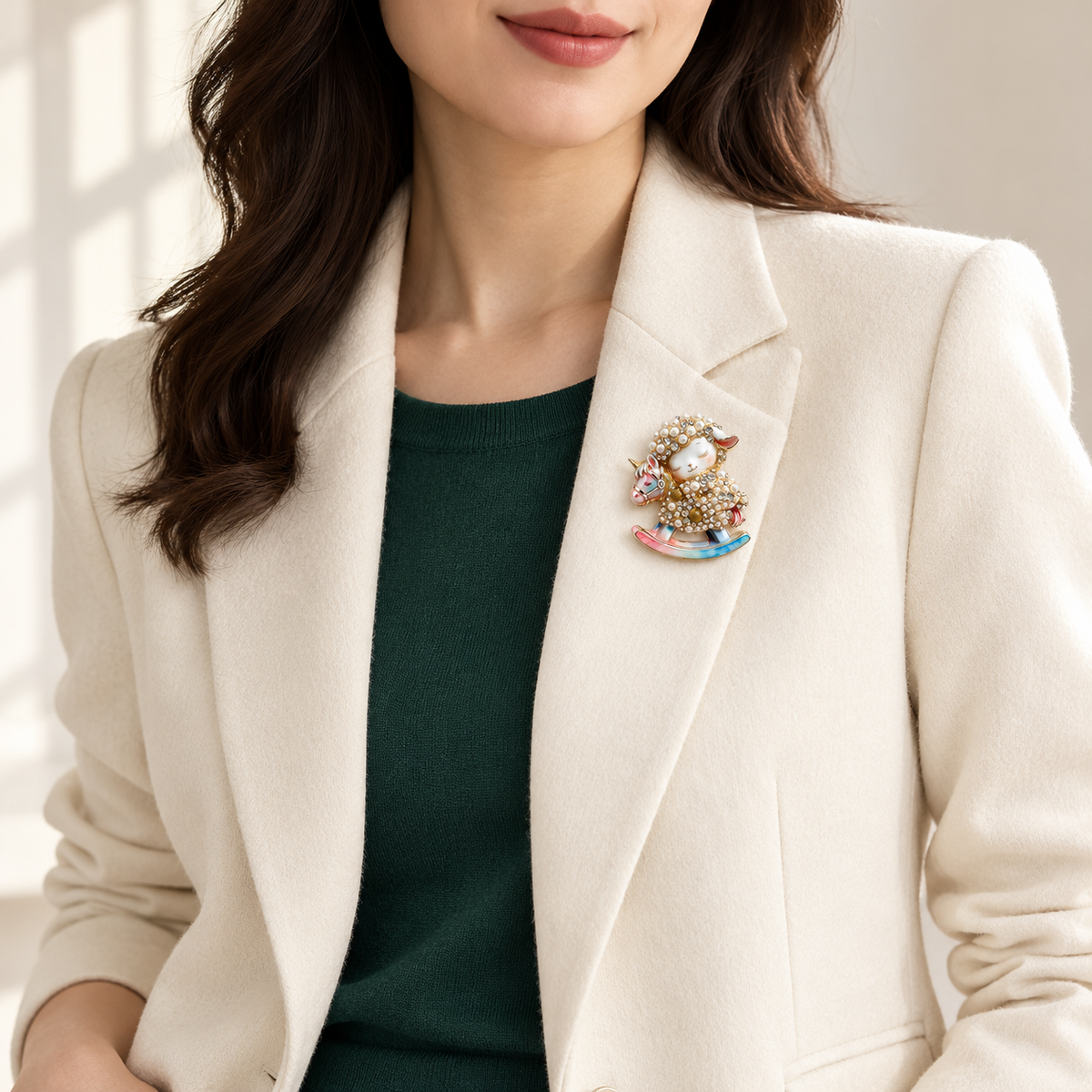 Pearl-Look-Accent Lamb on Rocking Horse Brooch worn on an ivory blazer