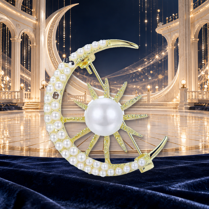 Pearl-Look Accent Sun and Crescent Moon Brooch styled in a thematic scene