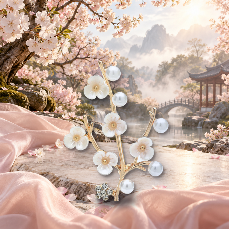 Pearl-Look Blossom Branch Brooch styled in a thematic scene