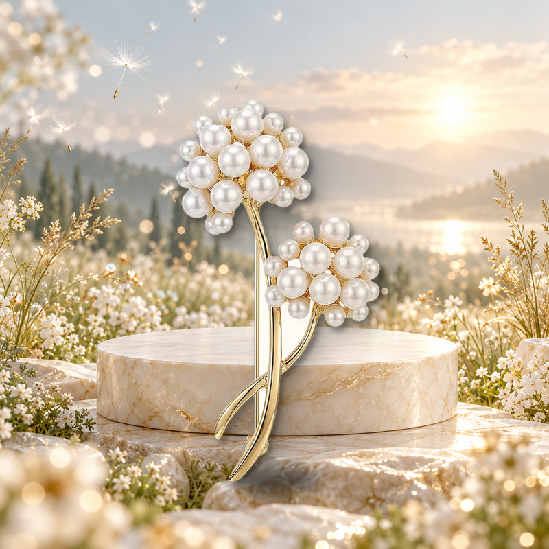Pearl-Look Double Dandelion Brooch styled in a thematic scene
