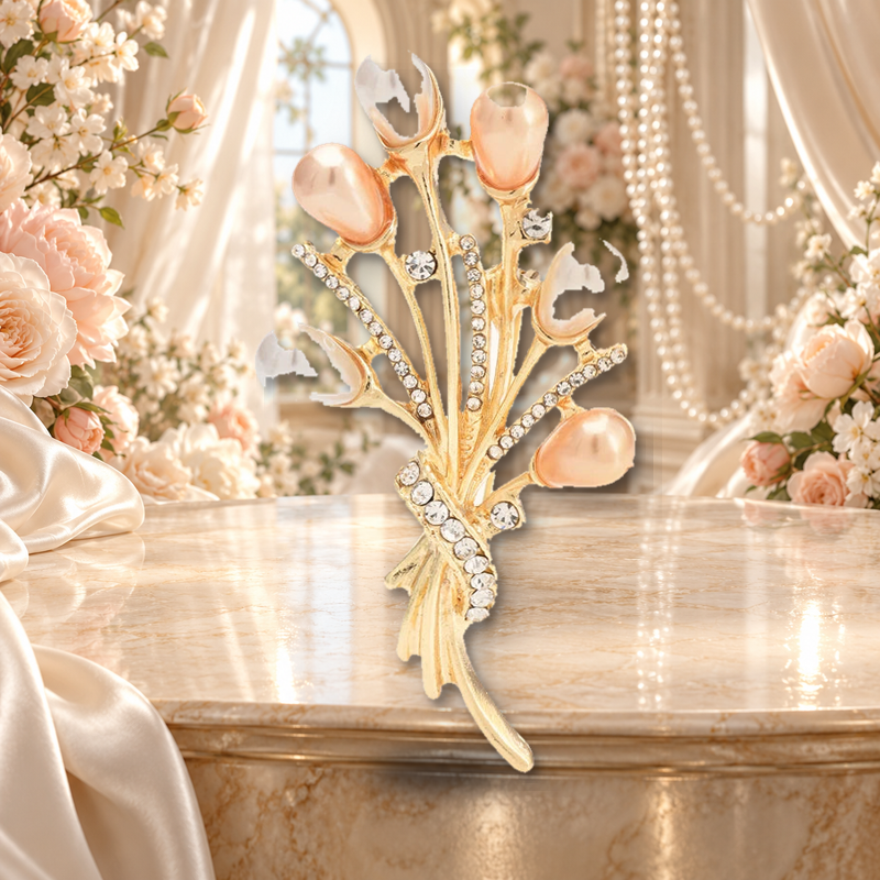Pearl-Look Flower Bud Bouquet Brooch styled in a thematic scene
