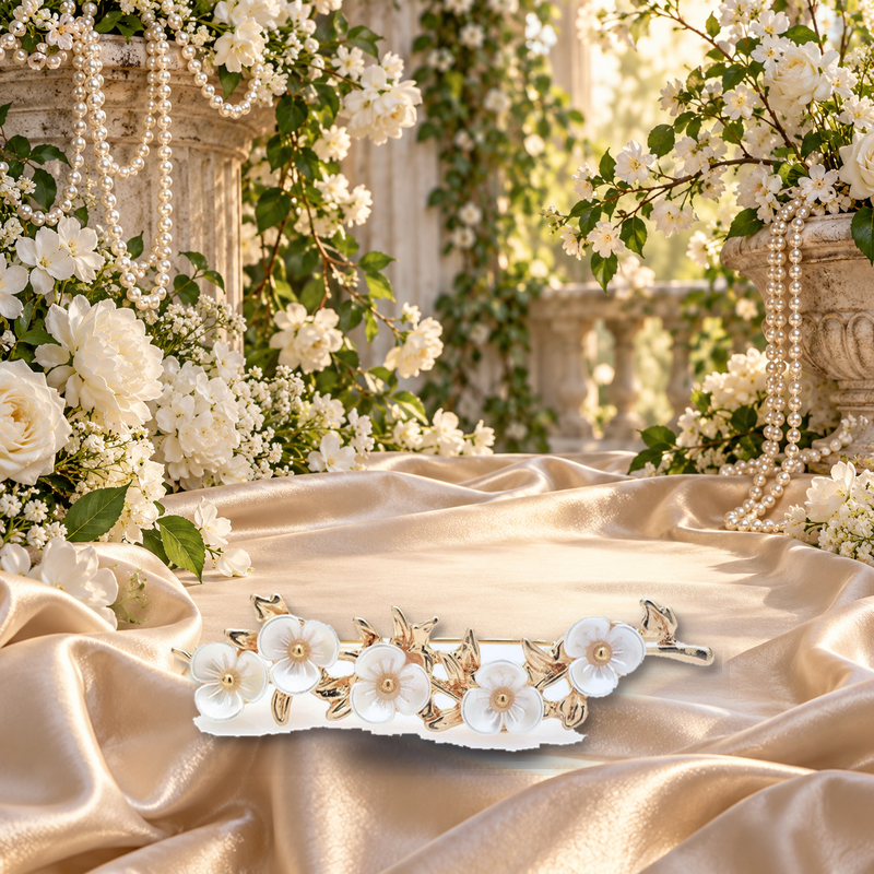 Pearl-Look Flower Garland Brooch styled in a thematic scene