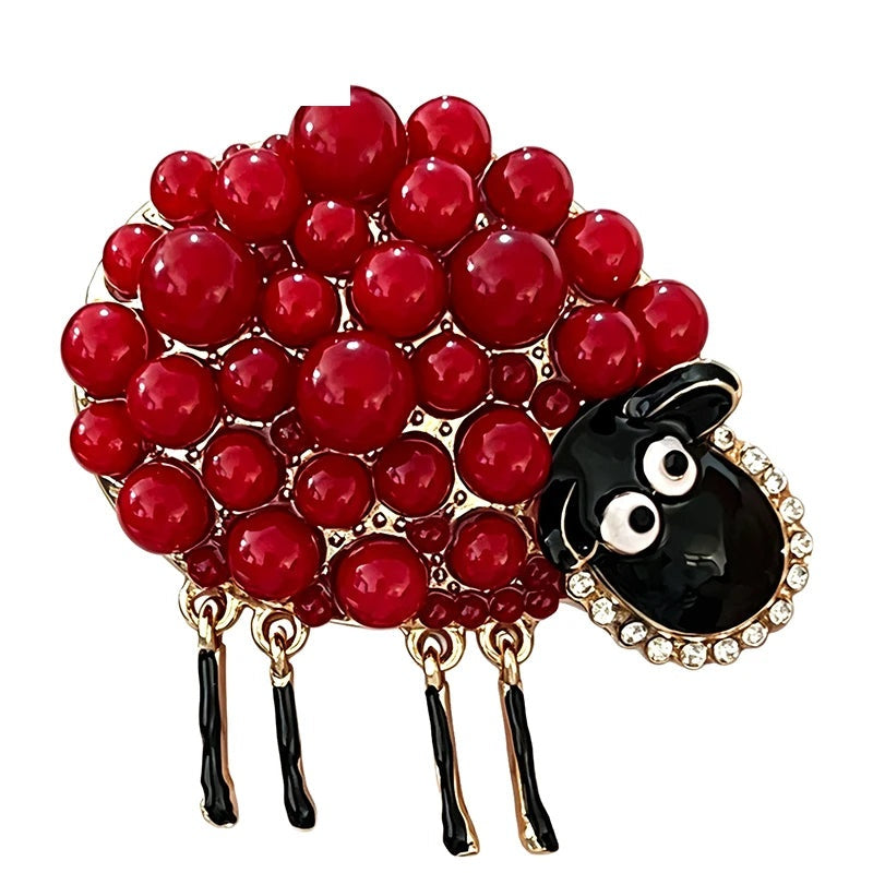 Pearl-Look Sheep Brooch — Red