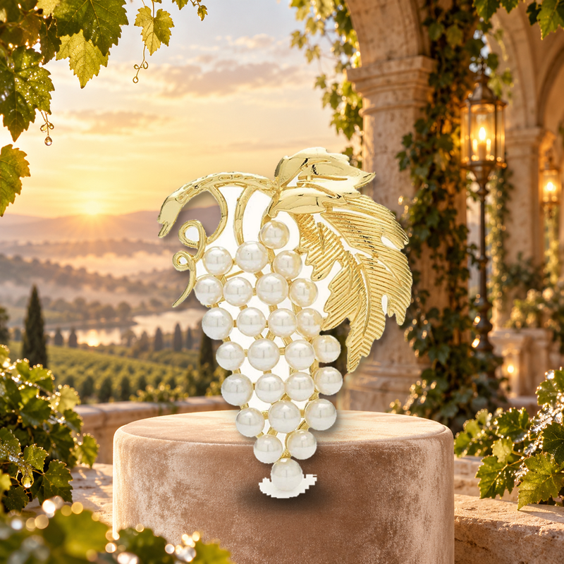 Pearlescent Grape Cluster with Textured Leaf Brooch styled in a thematic scene