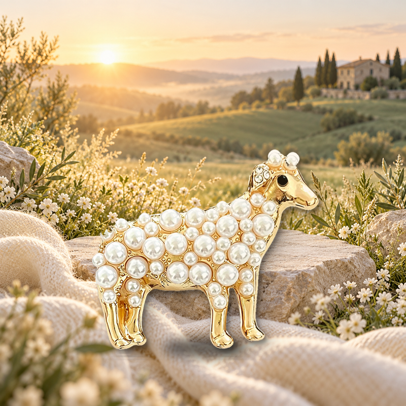 Petite Pearl-Look Sheep Brooch styled in a thematic scene