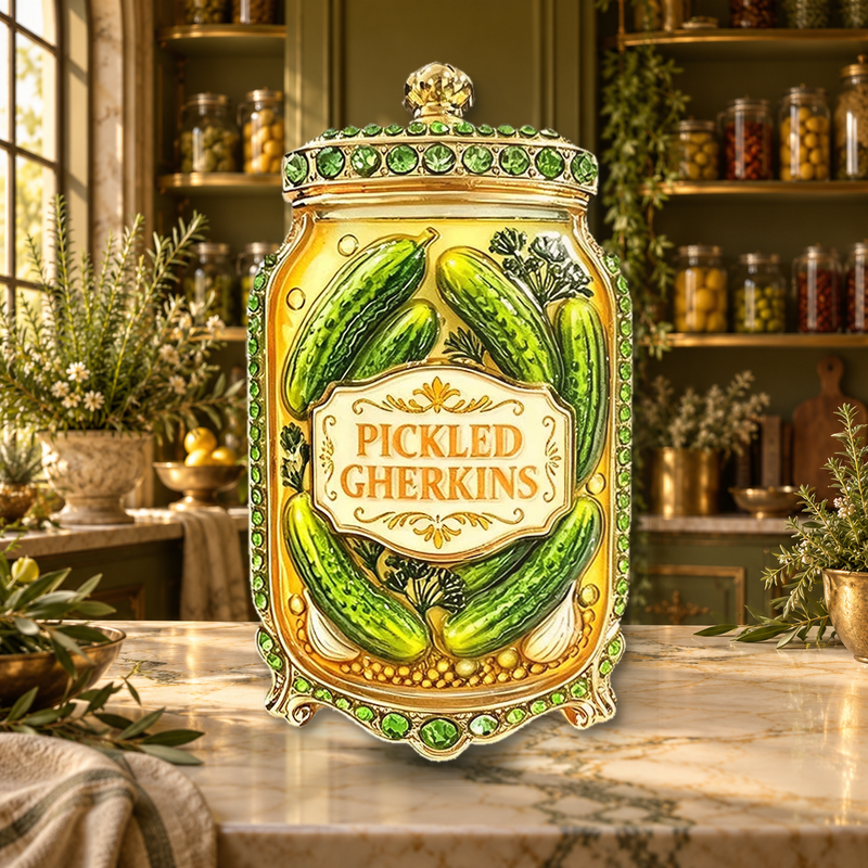 Pickled Gherkins Jar Brooch styled in a thematic scene