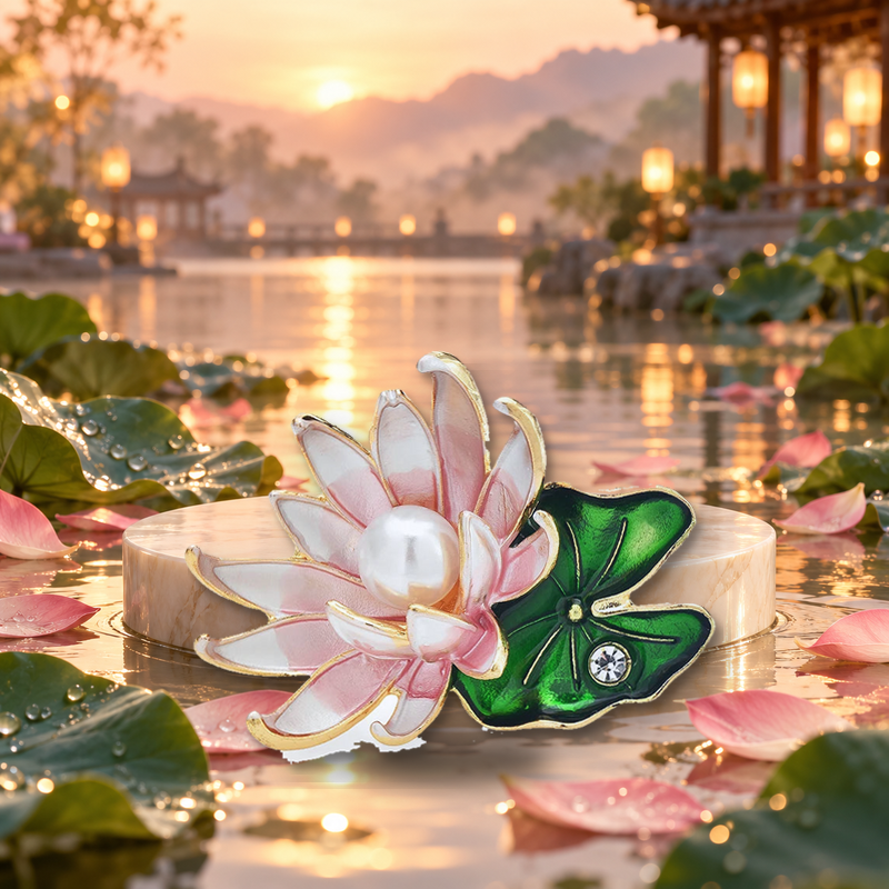 Pink Lotus with Pearl-Look Center Brooch styled in a thematic scene