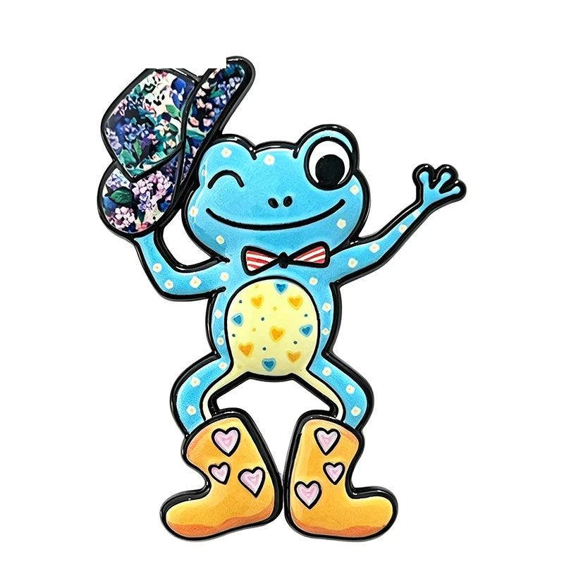 Playful Frog in a Floral Hat Brooch — Blue