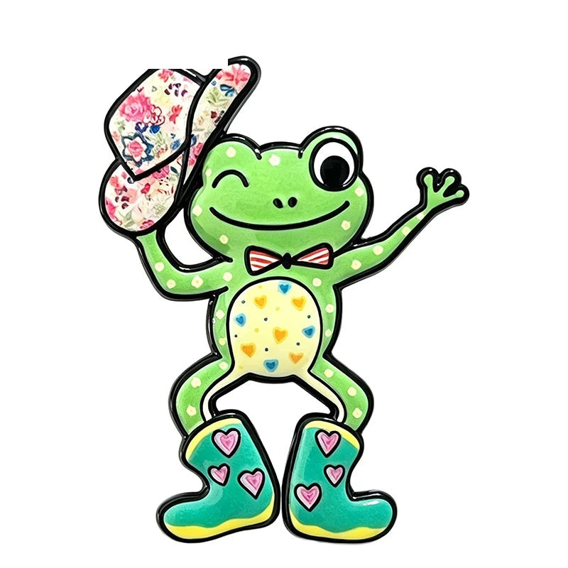 Playful Frog in a Floral Hat Brooch — Green
