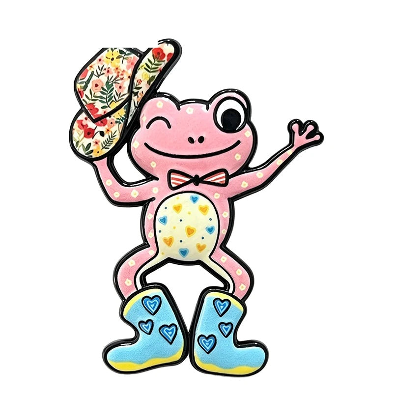 Playful Frog in a Floral Hat Brooch — Pink
