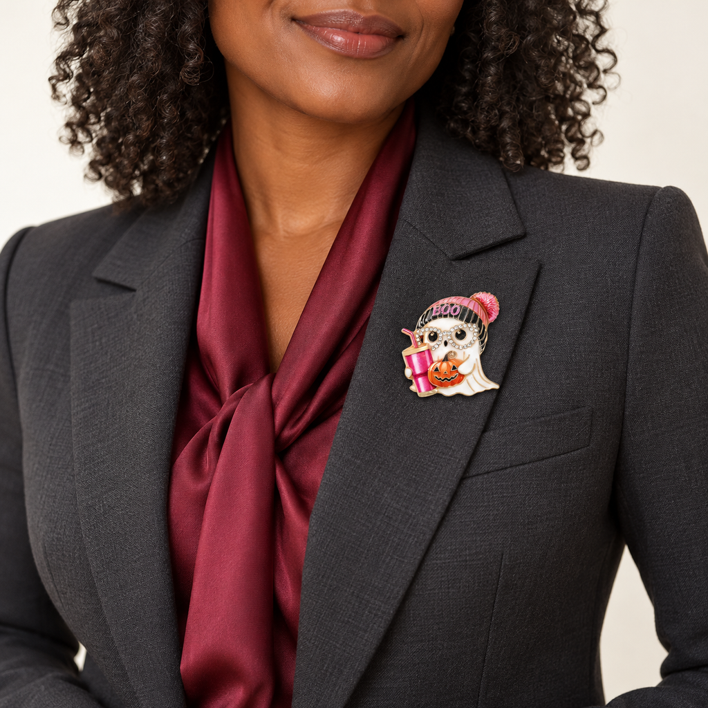Playful Halloween Character Brooch worn with a coordinated outfit