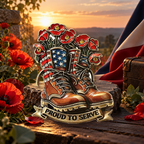 Proud to Serve Boots and Poppies Brooch styled in a thematic scene