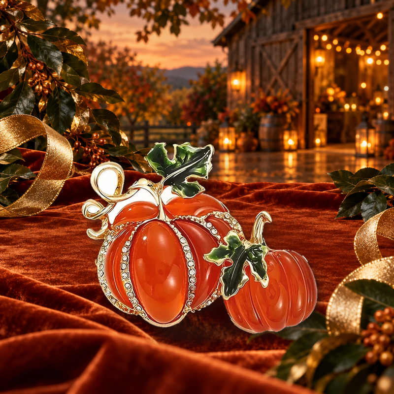 Pumpkin Pair with Rhinestones Brooch styled in a thematic scene