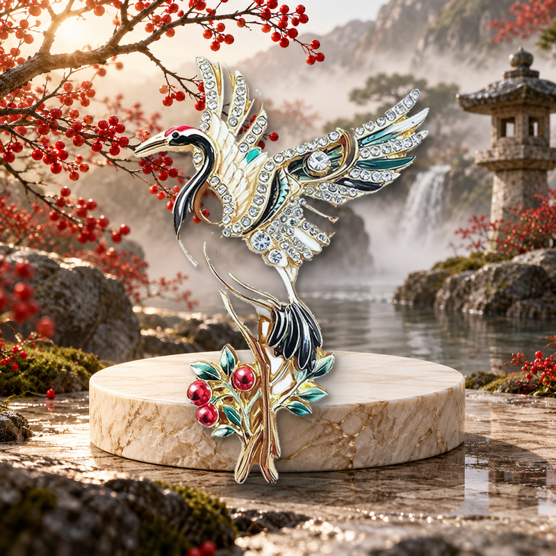 Red Crowned Crane with Berry Branch Brooch styled in a thematic scene