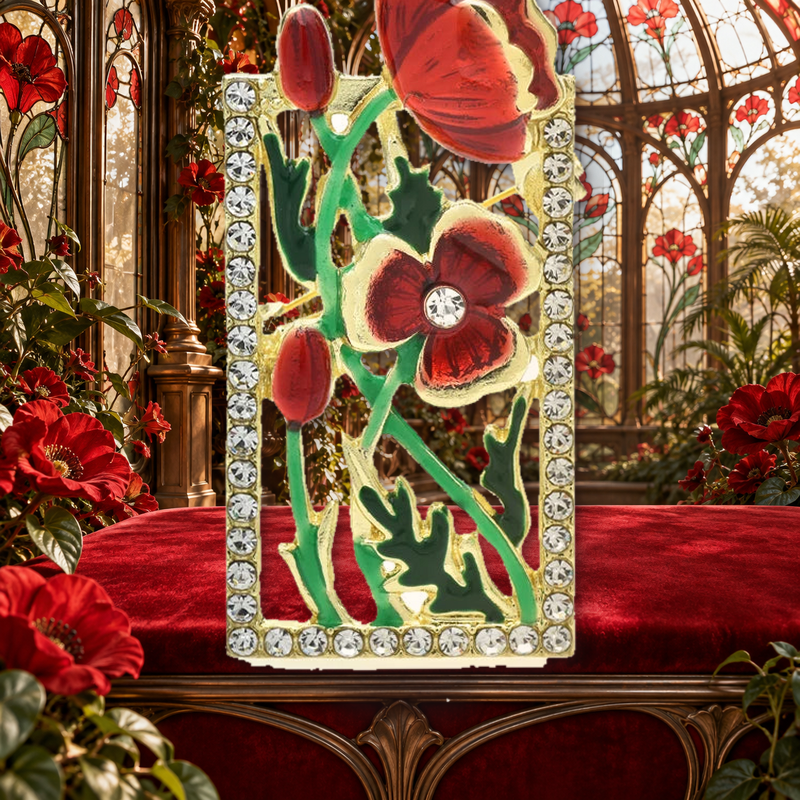 Red Enamel Floral Window Brooch styled in a thematic scene