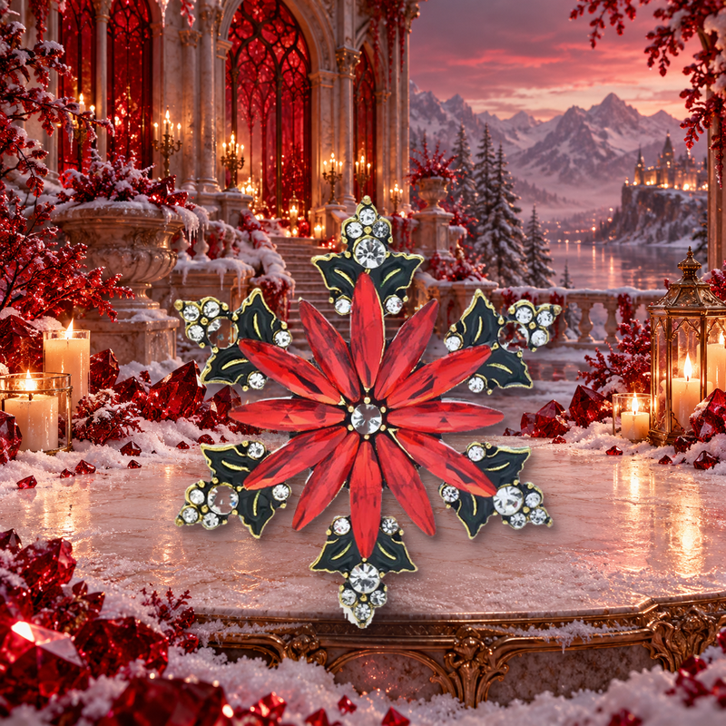Red Rhinestone Snowflake Brooch styled in a thematic scene