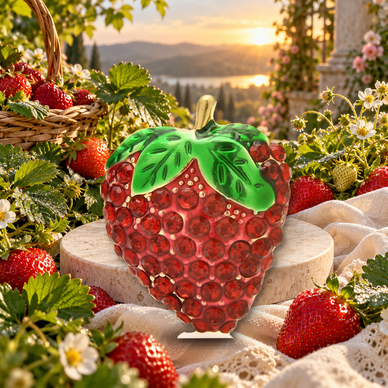 Red Rhinestone Strawberry Brooch styled in a thematic scene