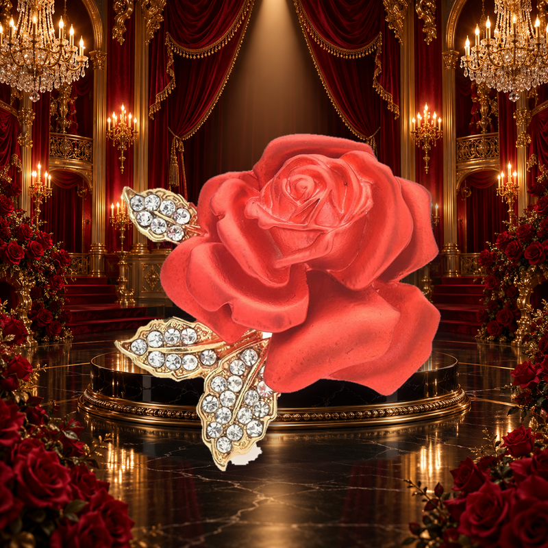 Red Rose with Rhinestone Leaves Brooch styled in a thematic scene
