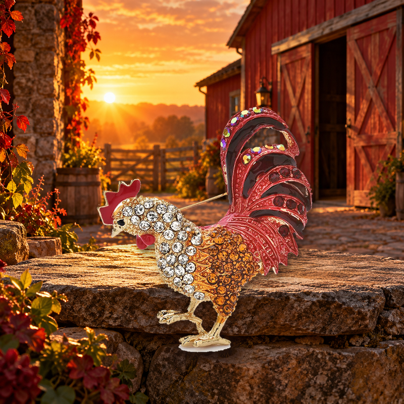 Red-Tailed Rhinestone Rooster Brooch styled in a thematic scene