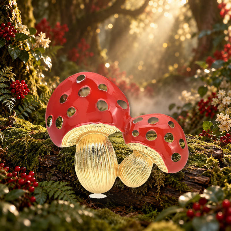 Red Toadstool Mushroom Duo Brooch styled in a thematic scene