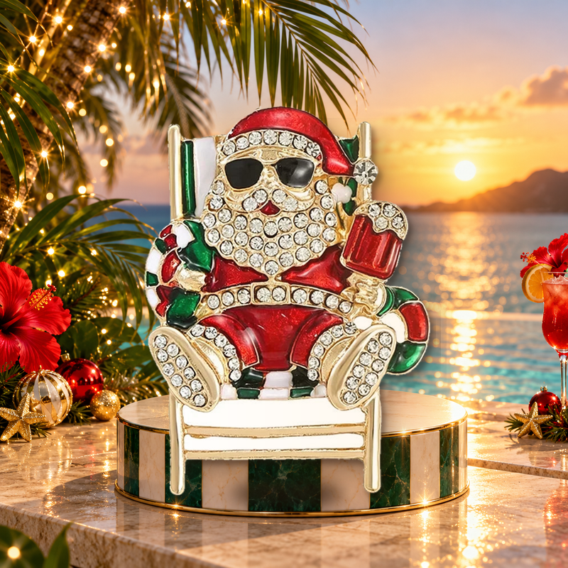 Relaxing Santa in Deck Chair Brooch styled in a thematic scene