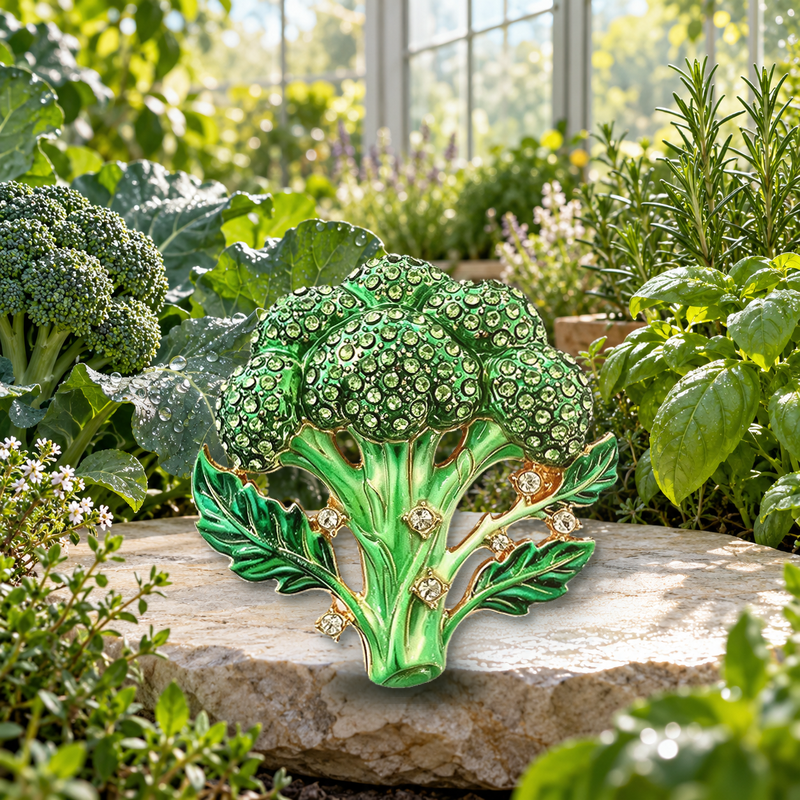 Rhinestone Broccoli with Leaves Brooch styled in a thematic scene