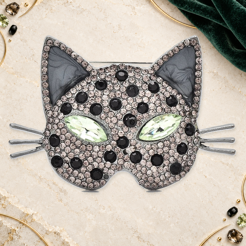 Rhinestone Cat Face with Sparkling Eyes Brooch styled product image