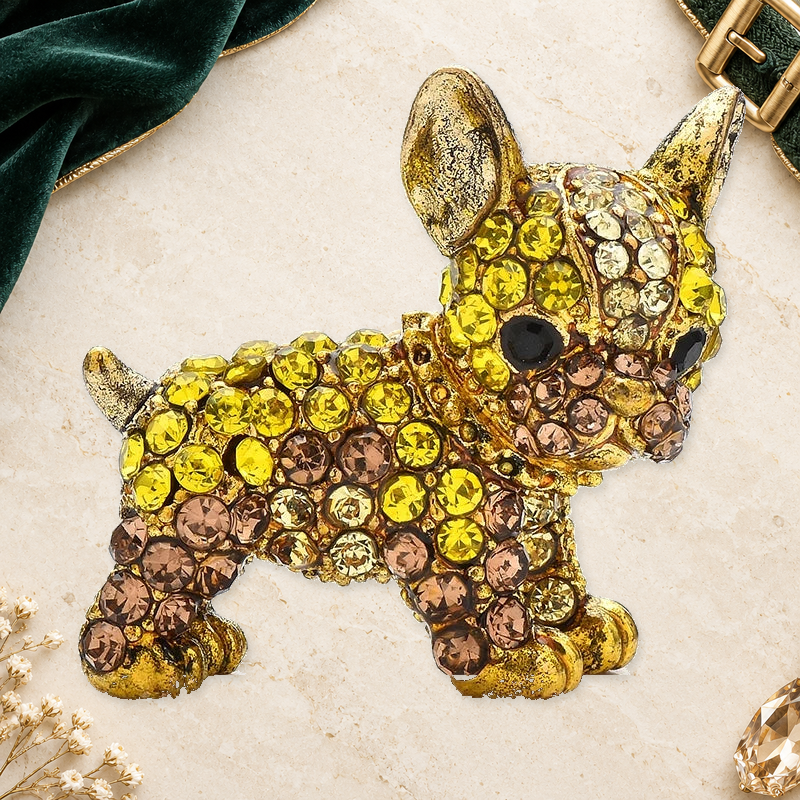 Rhinestone French Bulldog Brooch on an elegant ivory, evergreen and gold background