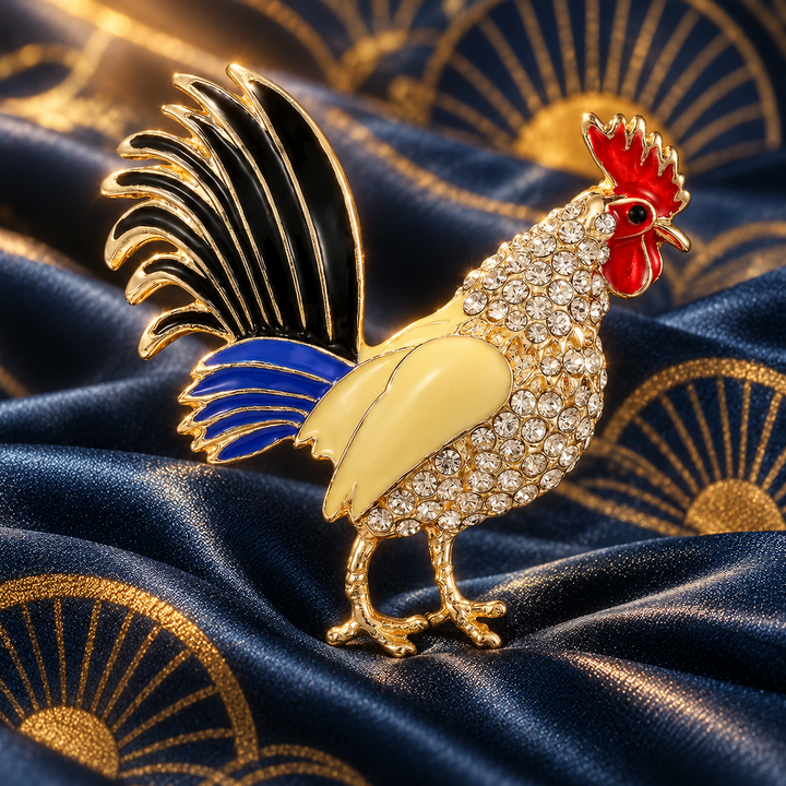 Rhinestone Rooster with Enamel Tail Brooch