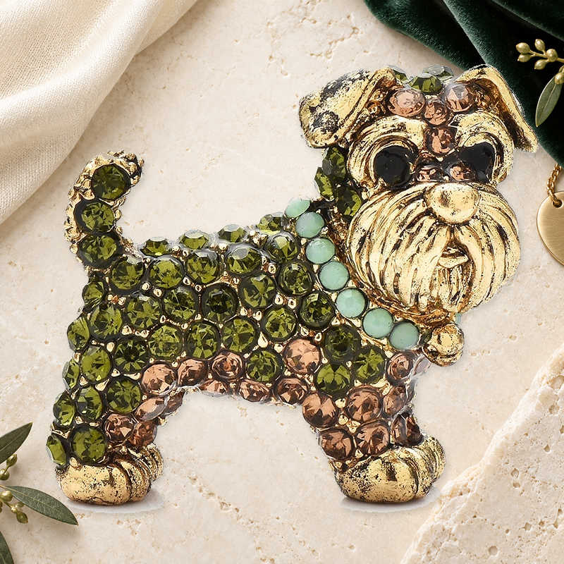 Rhinestone Schnauzer Dog Brooch on an elegant ivory, deep green and gold background