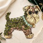 Rhinestone Schnauzer Dog Brooch on an elegant ivory, deep green and gold background