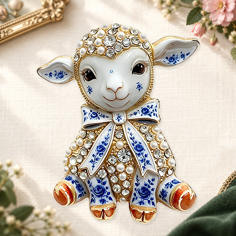 Ribbon Bow Toy Lamb Brooch on an ivory themed backdrop