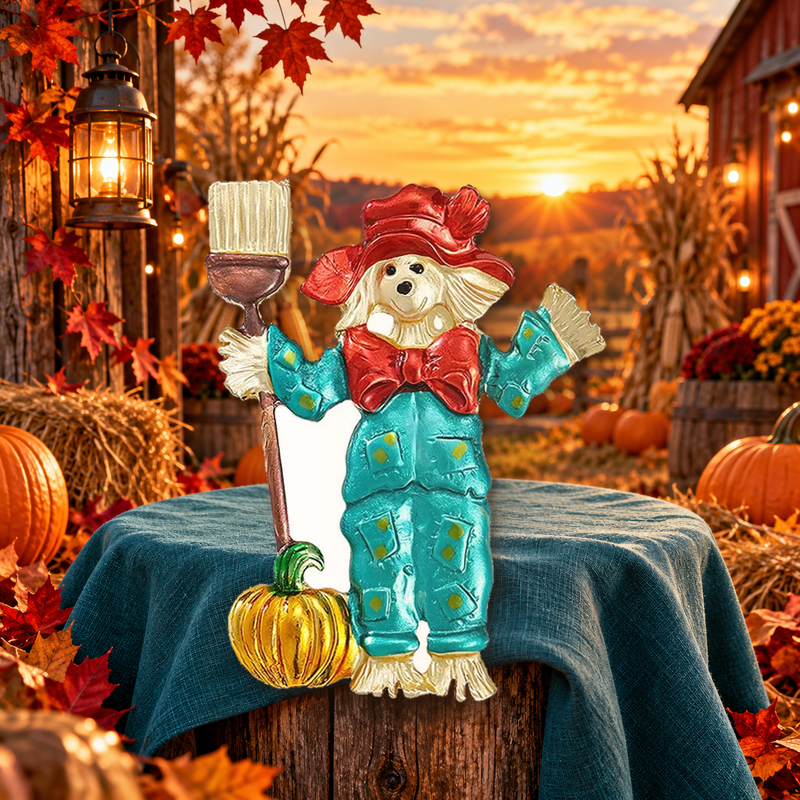 Scarecrow Puppy with Broom Brooch styled in a thematic scene